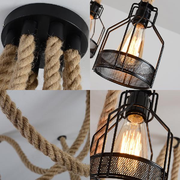 Black Swag Ceiling Fixture with Wire Cage Shade Antique Iron and Hemp Rope 8 Bulbs Restaurant Hanging Light