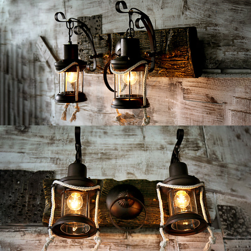 Black 2-Light Sconce Light Industrial Clear Glass Kerosene Lighting Fixture for Bedroom