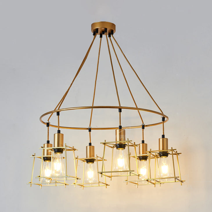 Accendino il lampadario ad anello elegante retrò con sfumatura a gabbia quadrata 6 lampadine in ferro, luce appesa in oro