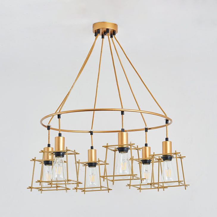 Accendino il lampadario ad anello elegante retrò con sfumatura a gabbia quadrata 6 lampadine in ferro, luce appesa in oro