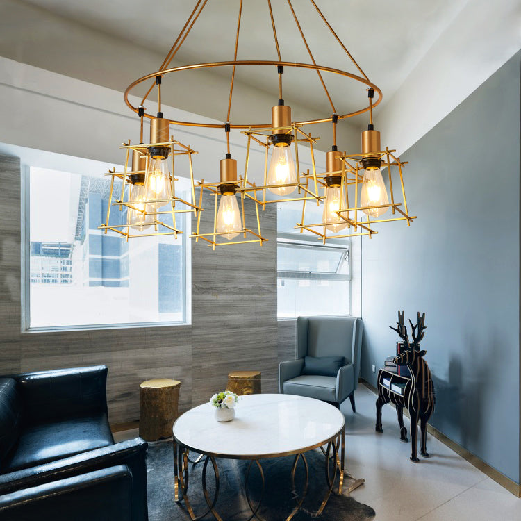 Accendino il lampadario ad anello elegante retrò con sfumatura a gabbia quadrata 6 lampadine in ferro, luce appesa in oro
