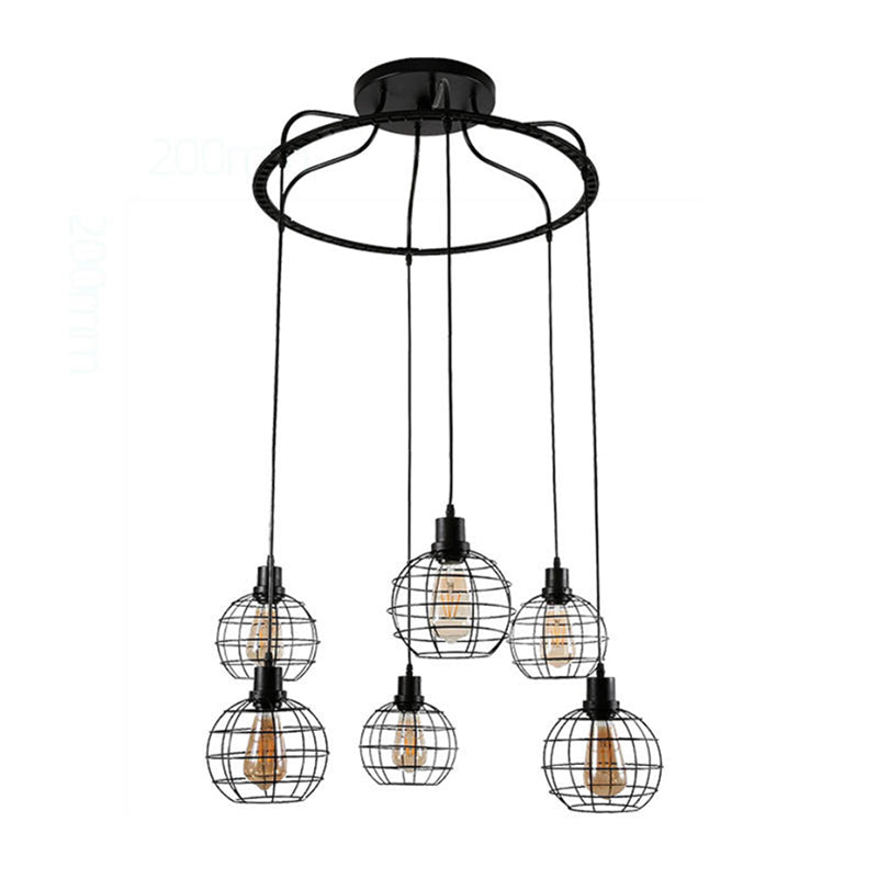 Industrial Style Global Hanging Lamp 6 Bulbs Metallic Suspended Light with Wire Cage Shade in Black