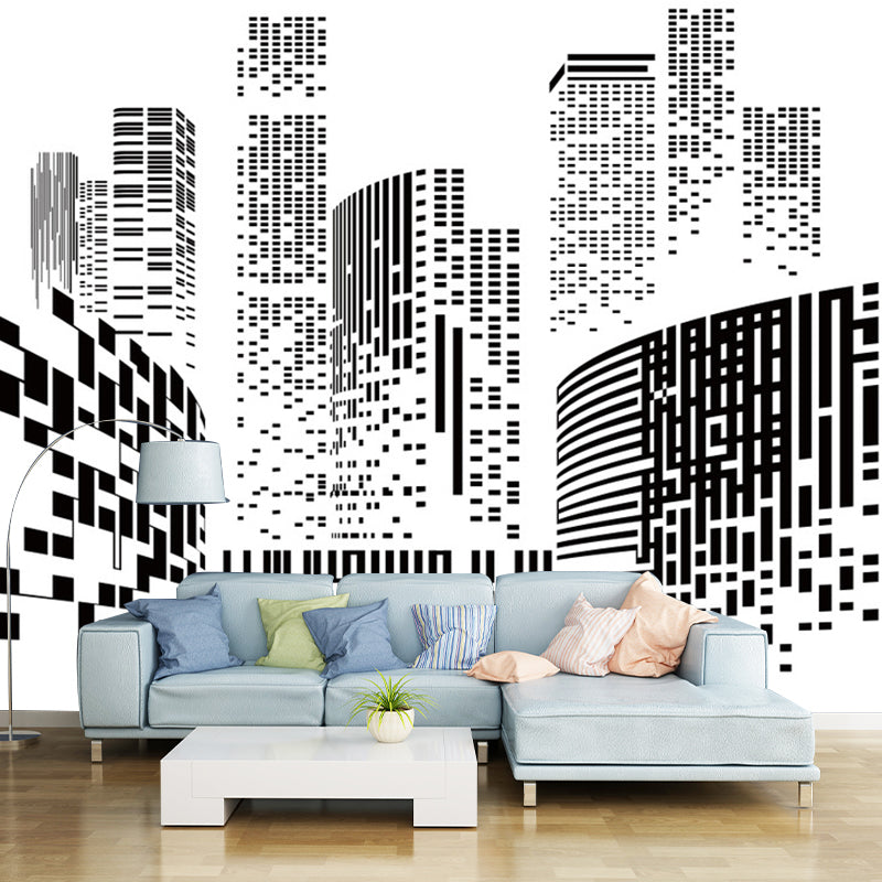 Modern City Wall Mural Decal for Office Room, Personalized Size Wall Decor in Black and White