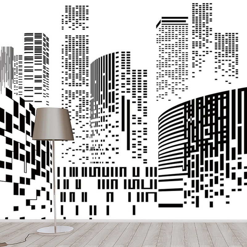 Modern City Wall Mural Decal for Office Room, Personalized Size Wall Decor in Black and White