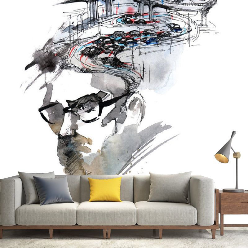 Big Urban Scenery Wall Mural for Bar Decoration Glasses Wall Covering in Black and White, Moisture-Resistant