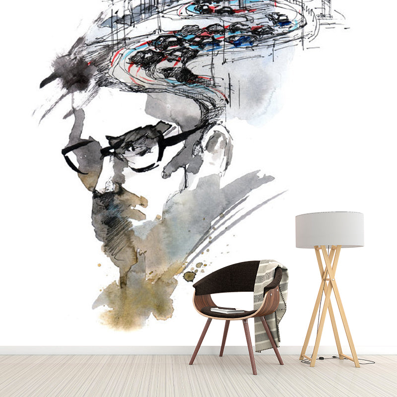 Big Urban Scenery Wall Mural for Bar Decoration Glasses Wall Covering in Black and White, Moisture-Resistant