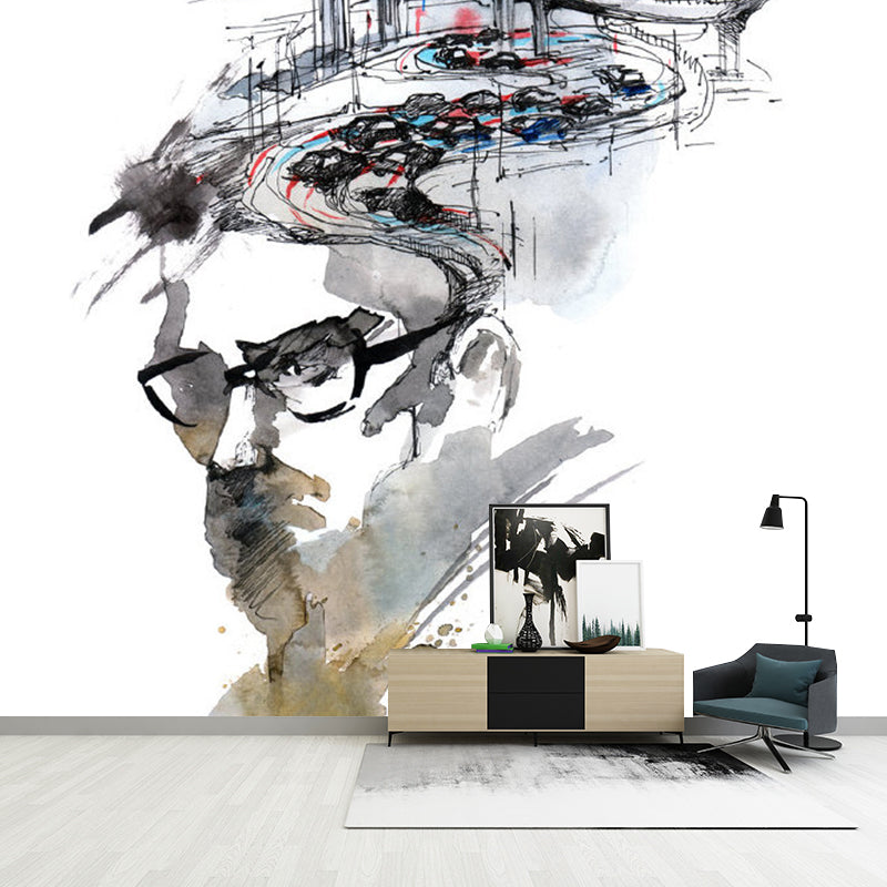 Big Urban Scenery Wall Mural for Bar Decoration Glasses Wall Covering in Black and White, Moisture-Resistant