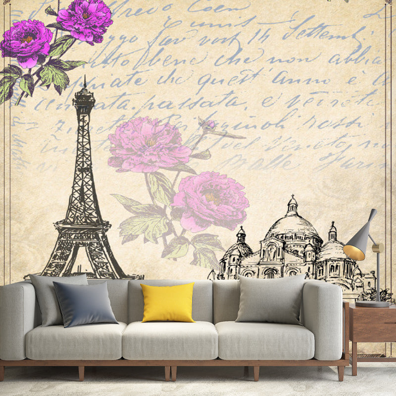 Retro Eiffel Tower Mural Wallpaper in Soft Brown Girl's Bedroom Wall Covering, Personalized Size Available
