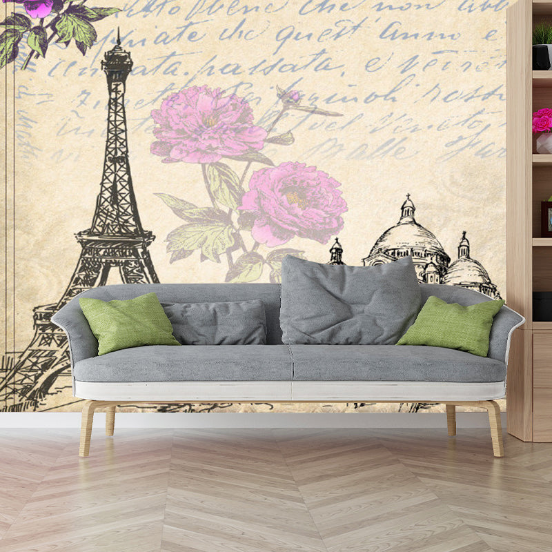 Retro Eiffel Tower Mural Wallpaper in Soft Brown Girl's Bedroom Wall Covering, Personalized Size Available