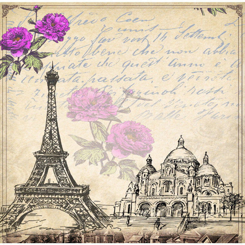 Retro Eiffel Tower Mural Wallpaper in Soft Brown Girl's Bedroom Wall Covering, Personalized Size Available