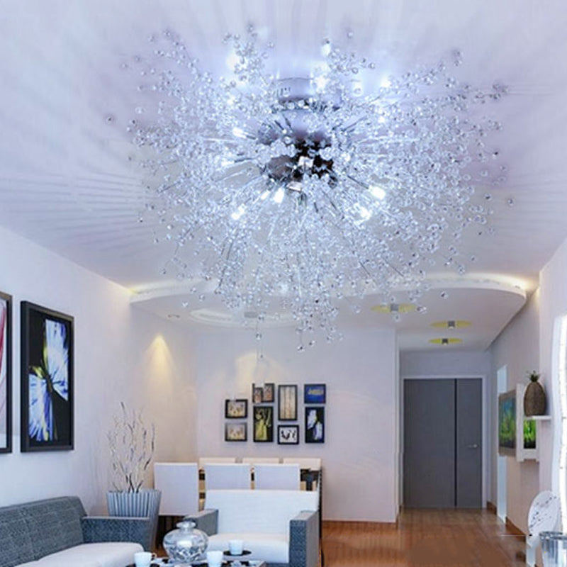 Silver Finish Firework Semi Mount Lighting Modern 22"/23.5" W 8/12/16 Lights Metal Ceiling Mount Light with Crystal Bead
