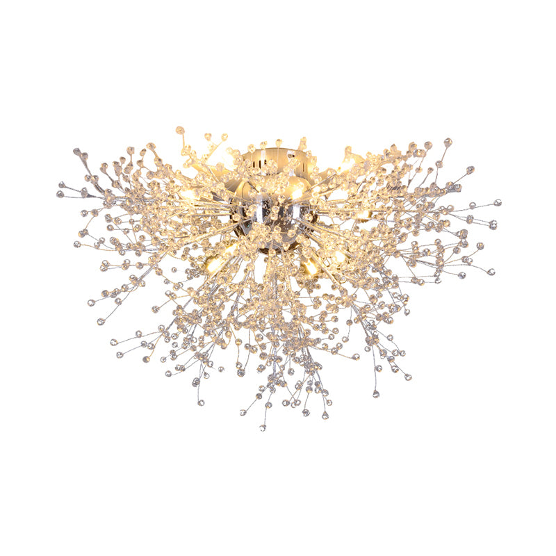 Silver Finish Firework Semi Mount Lighting Modern 22"/23.5" W 8/12/16 Lights Metal Ceiling Mount Light with Crystal Bead