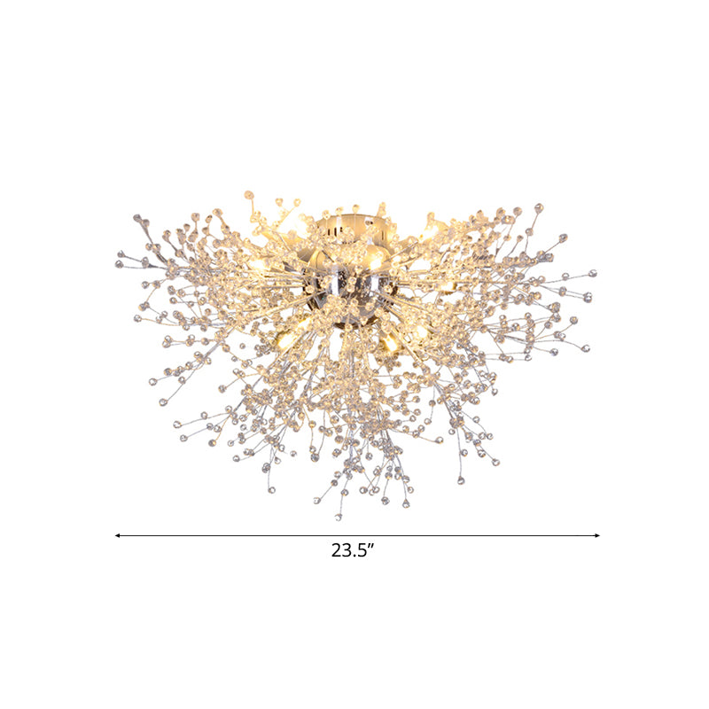 Silver Finish Firework Semi Mount Lighting Modern 22"/23.5" W 8/12/16 Lights Metal Ceiling Mount Light with Crystal Bead