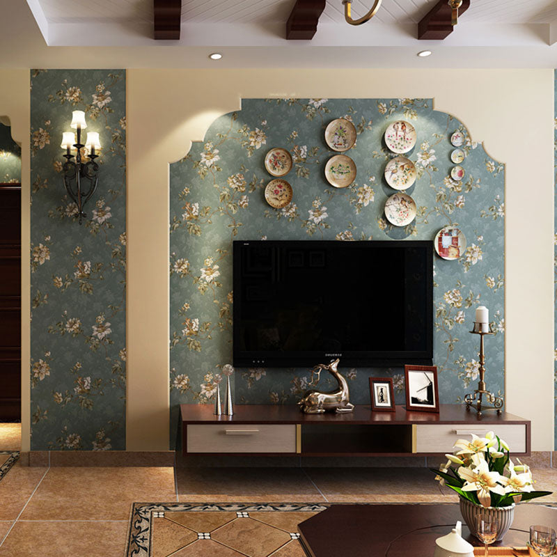 Rural Blossoms Wallpaper Roll for Home Decoration, 57.1 sq ft. Wall Covering in Green and Blue