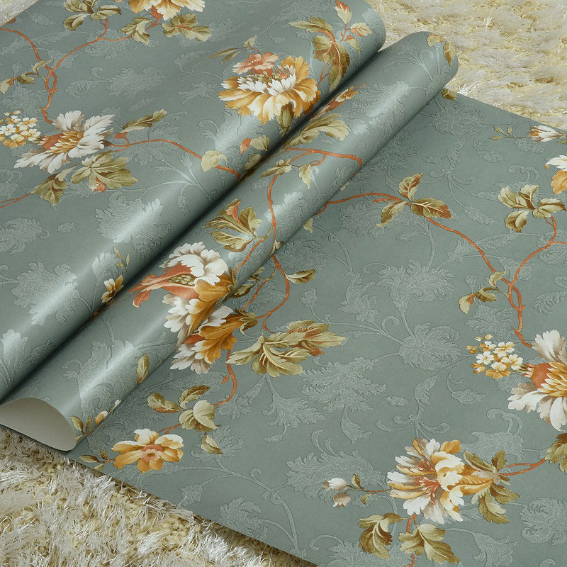 Rural Blossoms Wallpaper Roll for Home Decoration, 57.1 sq ft. Wall Covering in Green and Blue