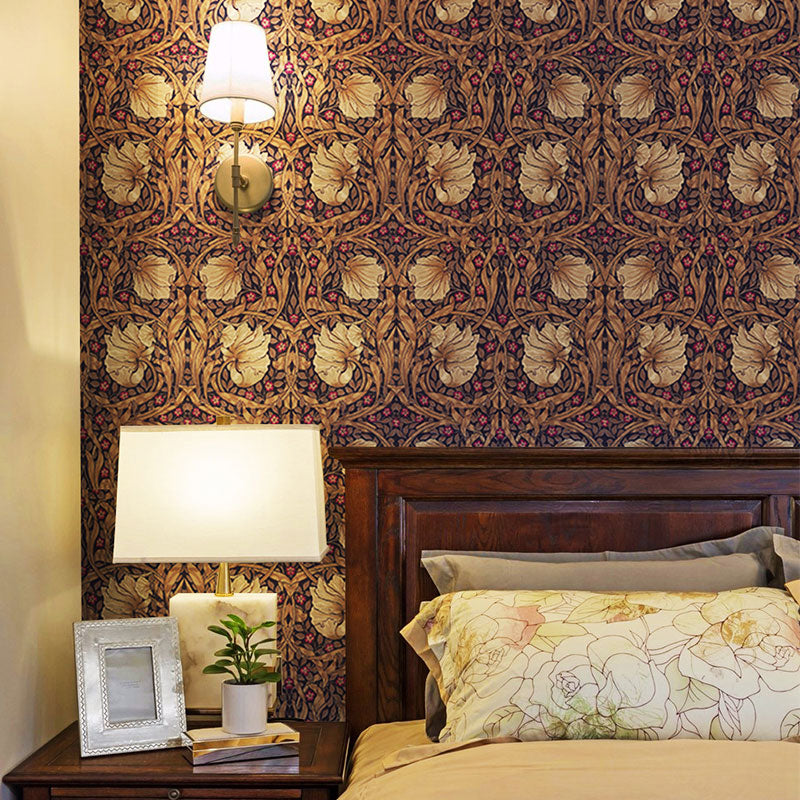 57.1 sq ft. Rural Wallpaper Roll for Bedroom Decor with Garden Flowers Design in Dark Red