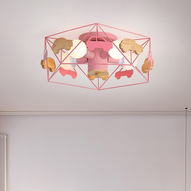Pentagon frame semi -montage verlichting macaron metaal 5 bollen grijs/groen/roze afwerking dicht bij plafondlamp met houten auto -deco