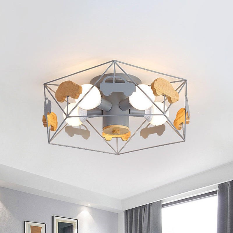 Pentagon frame semi -montage verlichting macaron metaal 5 bollen grijs/groen/roze afwerking dicht bij plafondlamp met houten auto -deco