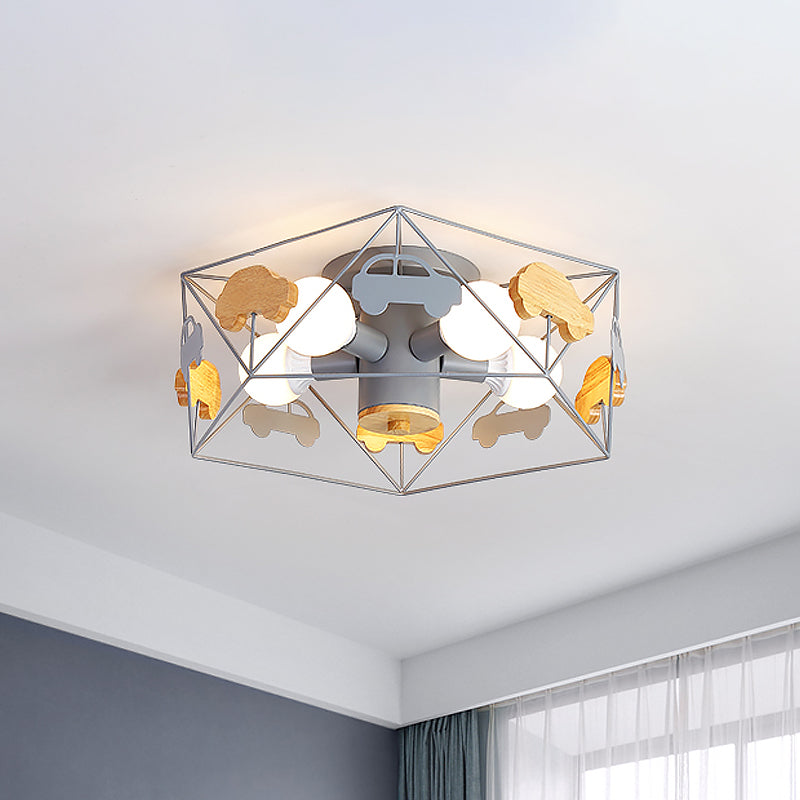 Pentagon frame semi -montage verlichting macaron metaal 5 bollen grijs/groen/roze afwerking dicht bij plafondlamp met houten auto -deco