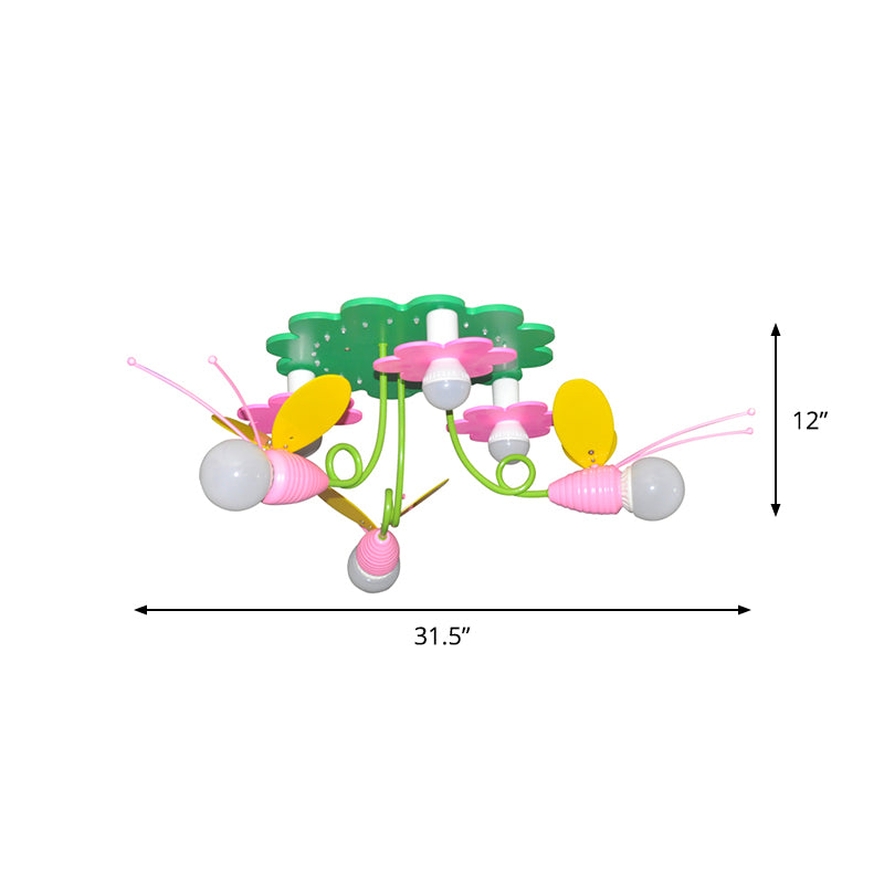 Bee-Like Wood Semi Flush Light Fixture Cartoon 6 Heads Green and Pink Flush Ceiling Lamp