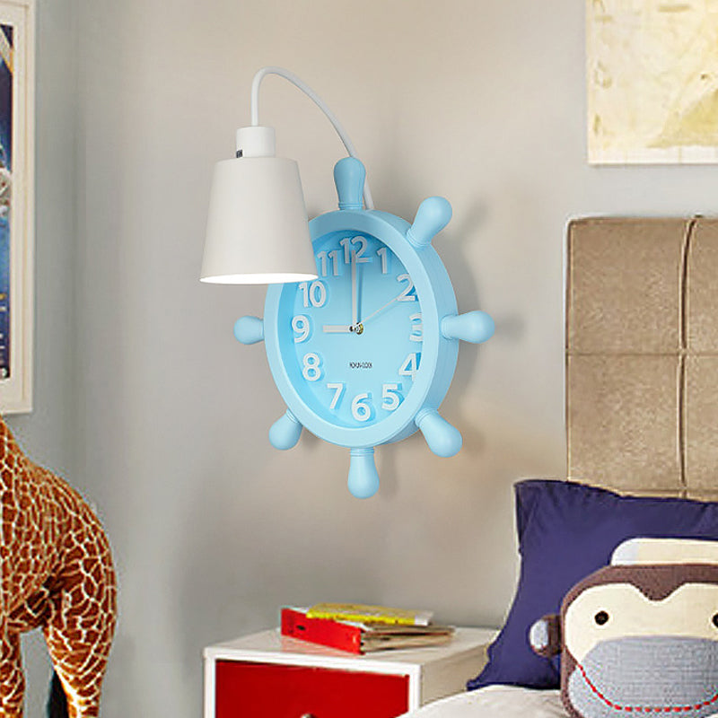 Clock Wall Mounted Light with Rudder Design Kids Metal 1 Light Pink/Blue Finish Wall Lamp Fixture for Bedside