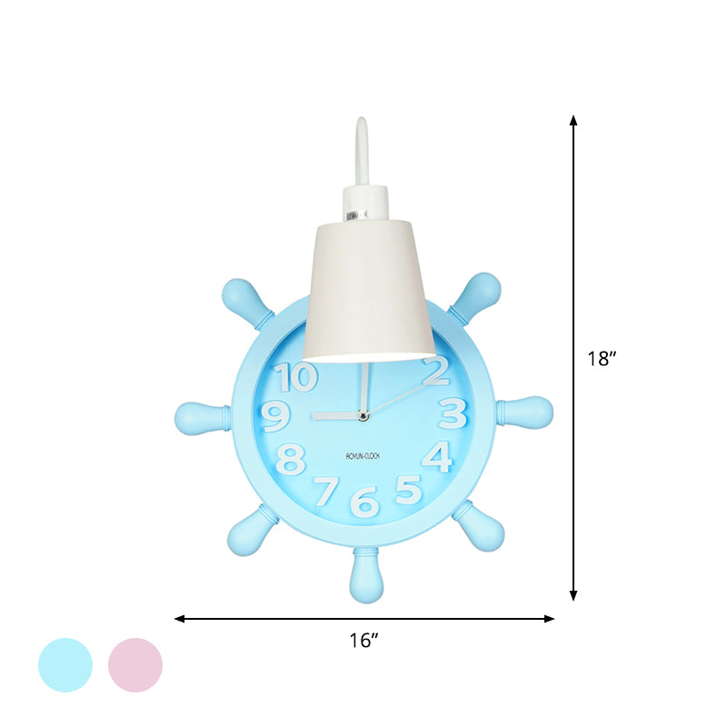 Clock Wall Mounted Light with Rudder Design Kids Metal 1 Light Pink/Blue Finish Wall Lamp Fixture for Bedside