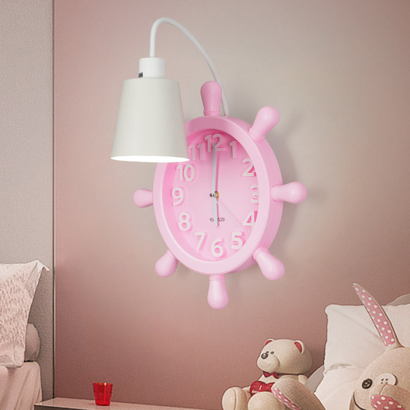 Clock Wall Mounted Light with Rudder Design Kids Metal 1 Light Pink/Blue Finish Wall Lamp Fixture for Bedside