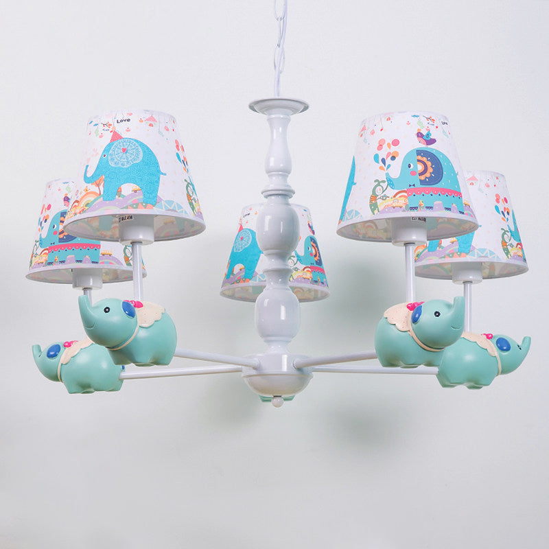 Resin Elephant Hanging Chandelier Cartoon 5/6 Heads Light Blue Ceiling Pendant Light with Barrel Patterned Fabric Shade