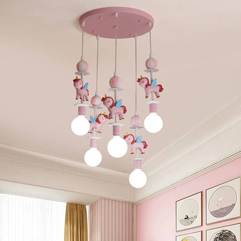 Unicorn Shape Multi Ceiling Light Cartoon Resin 5 Bulbs Pink/Blue Finish Hanging Lamp Kit with Round Canopy