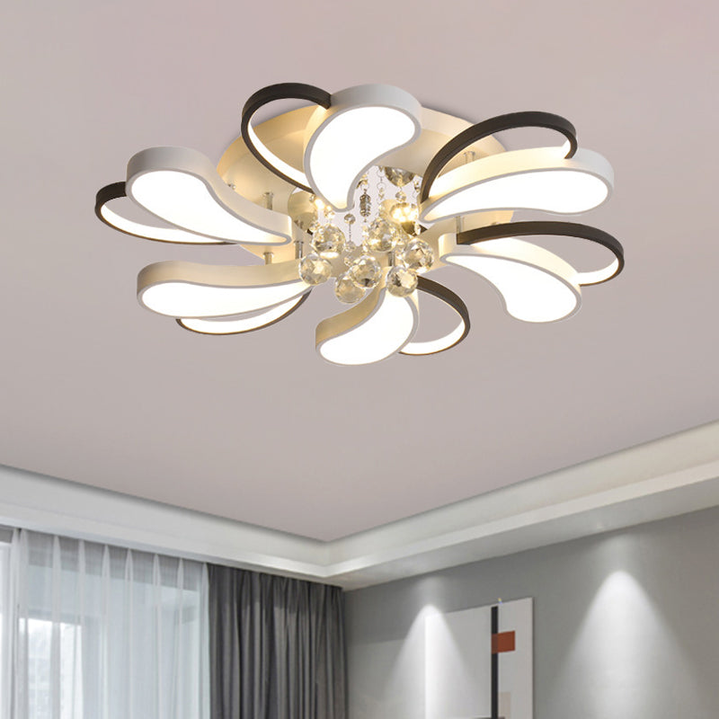 Schwarz-weiße, halbbündige Spiral-Herzlampe, moderne LED-Einbauleuchte aus Metall mit Kristalltropfen