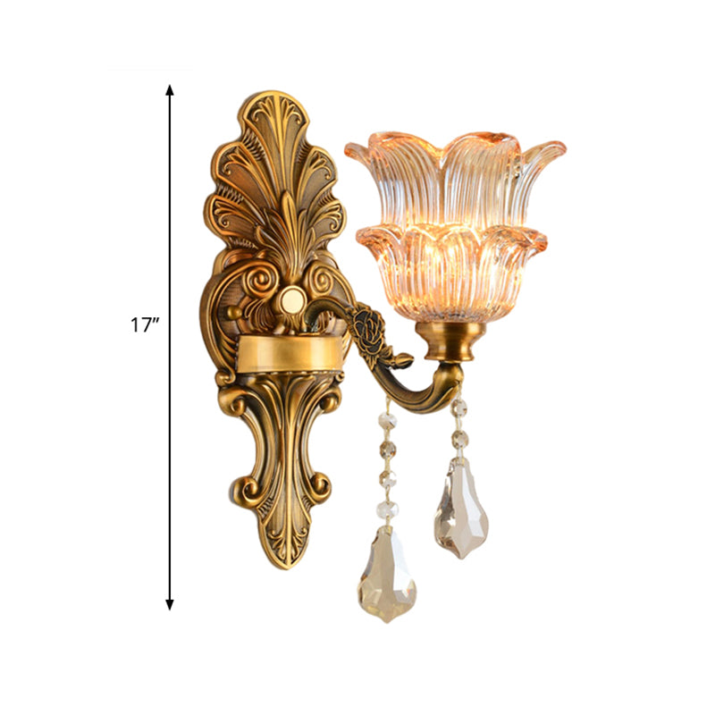 Brass 1/2-Head Sconce Lighting Mid Century Clear Crystal Glass Flower Shade Wall Lamp