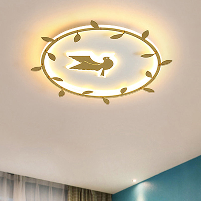 Nordic Wreath-Pigeon Ultrathin Flushmount Acryl Kids Room LED Bündig Mount Ceiling Light in Gold, Warm/White Light