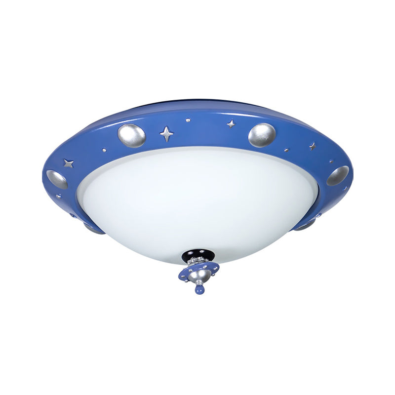 UFO Kids Room LED Ceiling Flush Resin Minimalistic Flush Mount Lighting in Blue with White Glass Shade