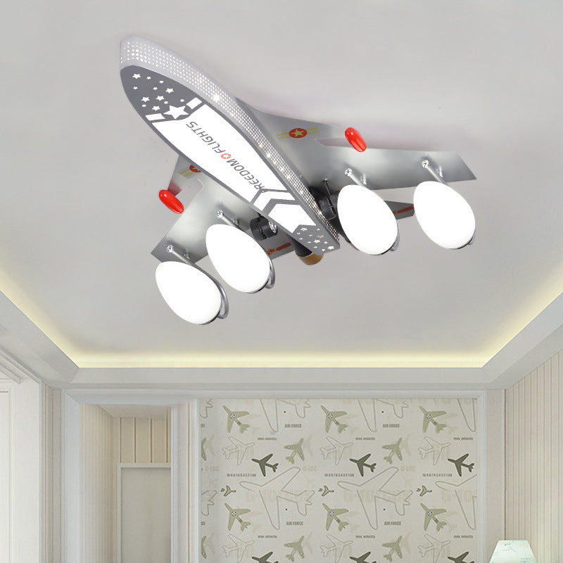Silver Airplane Flush Light Fixture Kids Style 4-Head Metal Ceiling Mount Lamp for Bedroom