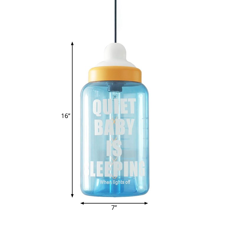 Kids Style Milk Bottle Drop Pendant Blue Glass 1-Head Baby Room Hanging Ceiling Light