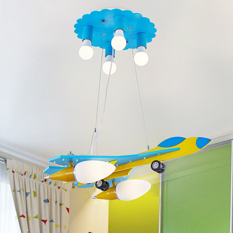 Kämpfer Jet Kindergarten Drop Lampe Holz 6-leichter Kinder Kronleuchter Anhänger mit Opalglas Schatten
