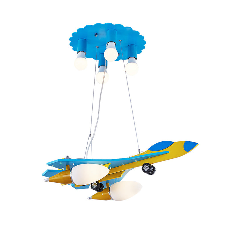 Kämpfer Jet Kindergarten Drop Lampe Holz 6-leichter Kinder Kronleuchter Anhänger mit Opalglas Schatten