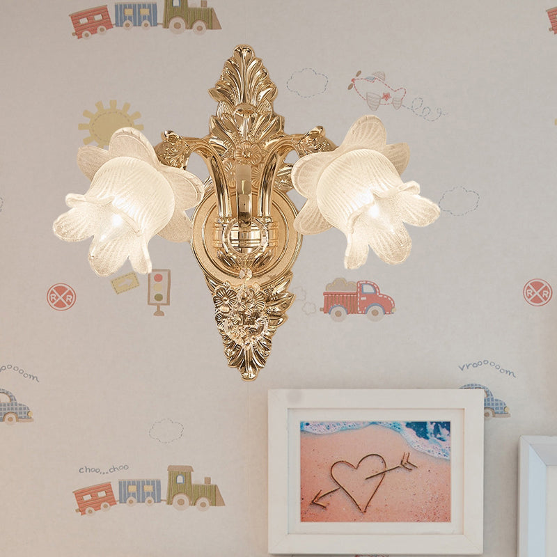 Frosted White Glass Bluebells Wall Light Traditional 1/2-Head Family Room Wall Sconce in Gold