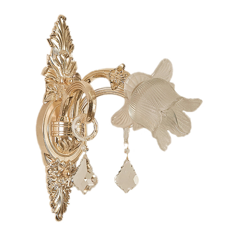 Frosted White Glass Bluebells Wall Light Traditional 1/2-Head Family Room Wall Sconce in Gold