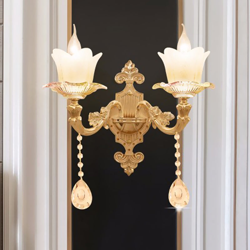 Scalloped Bedside Wall Lamp Traditional Frosted Glass 1/2-Bulb Gold Sconce Light Fixture