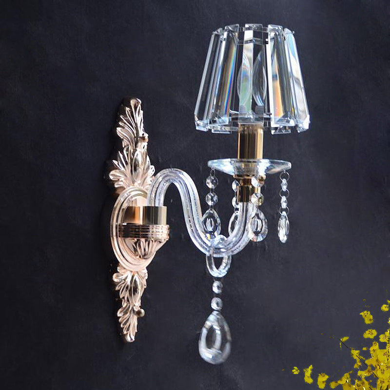 Clear Prismatic Crystal Cone Wall Lamp Vintage 1 Bulb Family Room Wall Light Fixture with Curved Tube Glass Arm