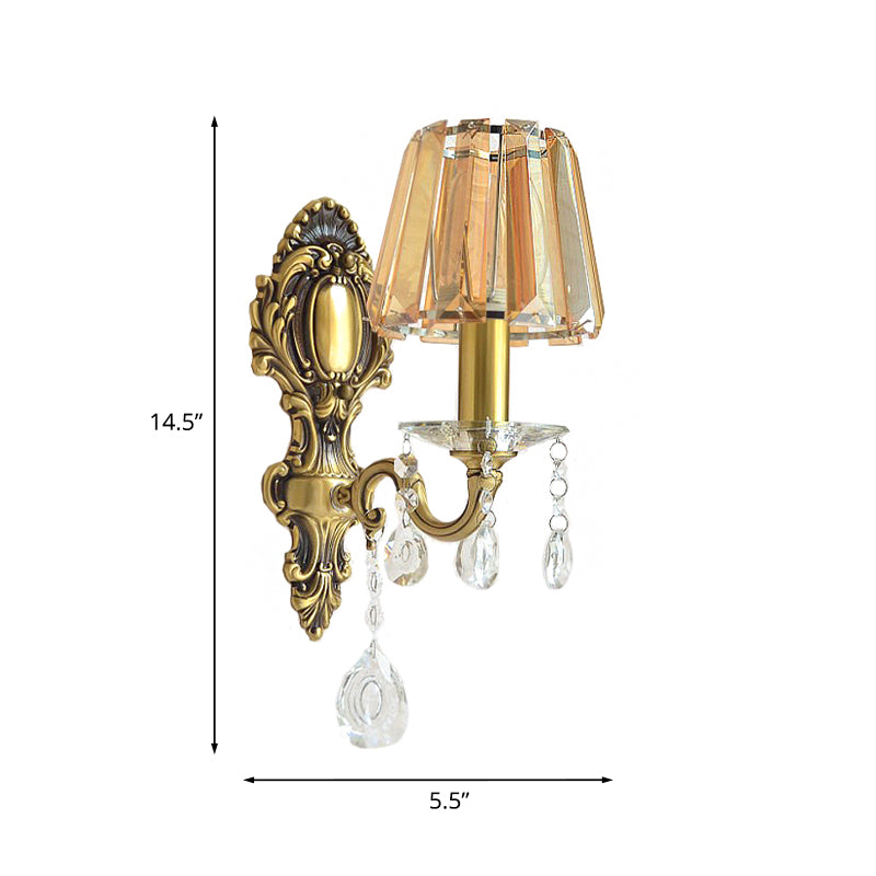 1-Light Candle Wall Sconce Traditional Brass Metal Wall Lighting with Conical Clear Crystal Shade
