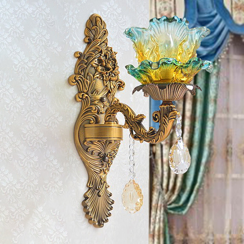 Single 2-Layer Ruffle Sconce Light Antique Blue and Yellow Gradient Glass Wall Mounted Lighting with Brass Carved Arm