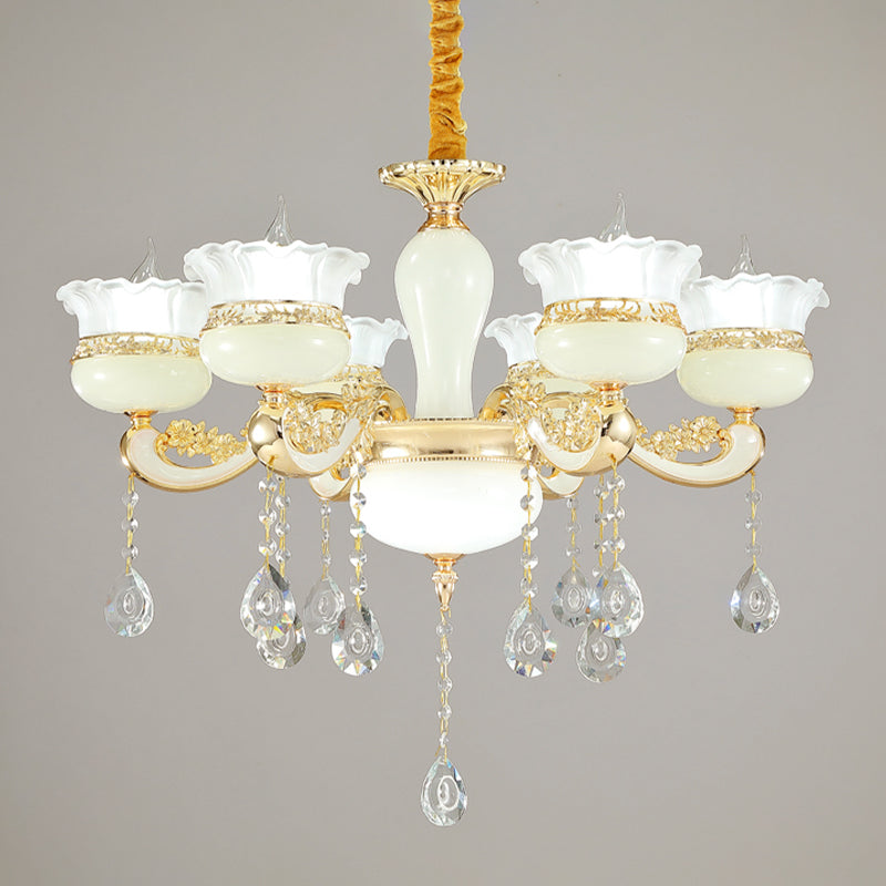 6 hoofden kroonluchter verlichting moderne slaapkamer plafond hanger met ruche-edge pot witte glazen schaduw in goud