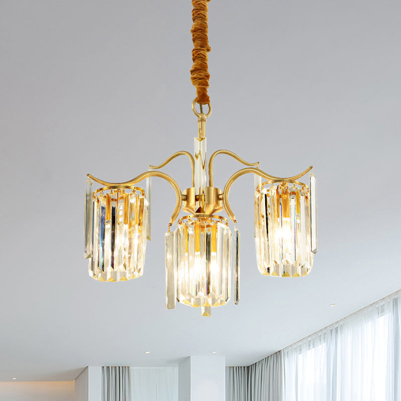 4-Bulb Cylinder Down Lighting Postmodern Brass Crystal Prism Chandelier over Dining Table