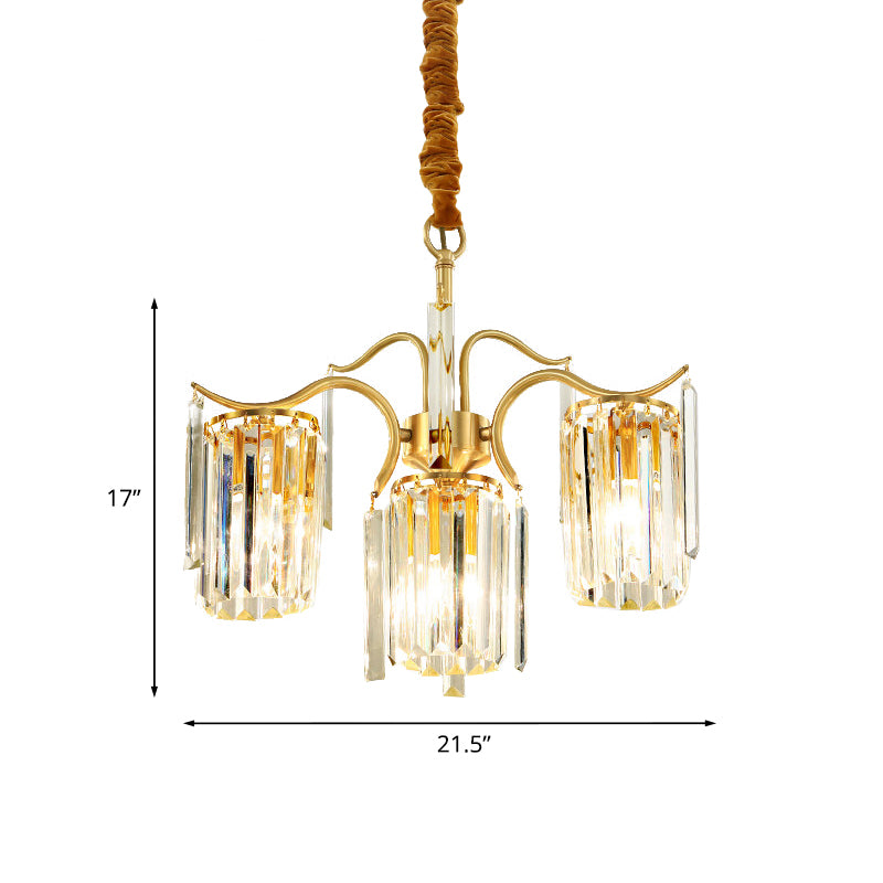 4-Bulb Cylinder Down Lighting Postmodern Brass Crystal Prism Chandelier over Dining Table