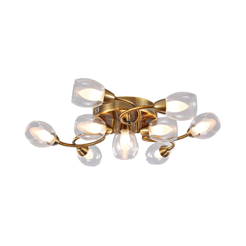 Abriseur en verre transparent contemporain Metal Semi Flush Plafond Light 10 lumières Gold Bedroom Plafond monté Aménagement