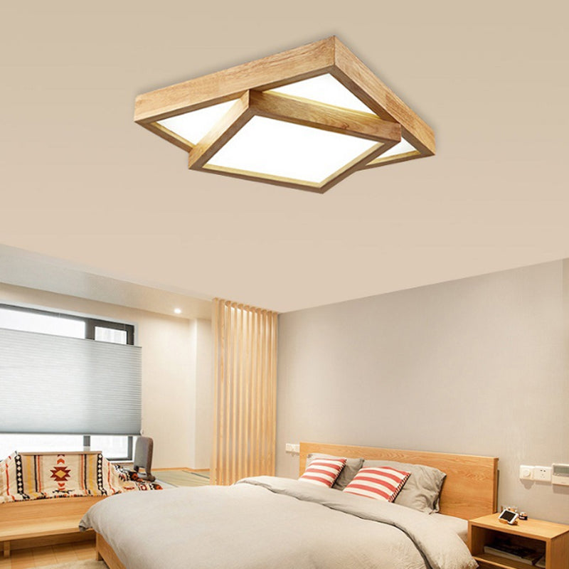 19"/25"/31.5" Wide Modern Square Wood Flush Mount Light LED Ceiling Light Fixture for Bedroom in Warm/White Light