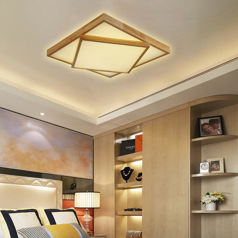 19"/25"/31.5" Wide Modern Square Wood Flush Mount Light LED Ceiling Light Fixture for Bedroom in Warm/White Light
