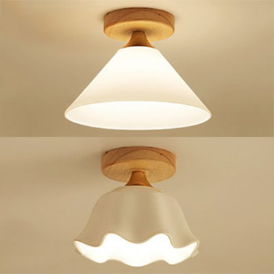 Cône d'abat-jour blanc/plafonnier festonné avec auvent en bois, plafonnier en verre moderne à une lumière pour Foyer